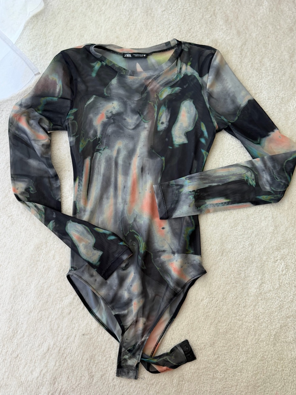 Zara Marble-Print Long Sleeve Sheer Bodysuit - Black, Coral & Green